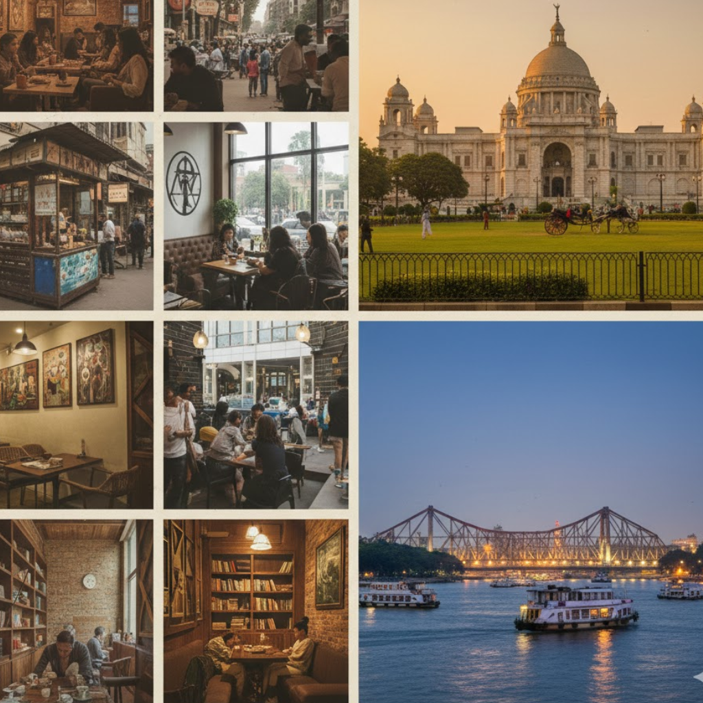 The picture is a collage consisting of major Kolkata destinations and cafes. There are in total of 10 images with 8 pics of cafes and two pics of historic monuments of Kolkata namely Victoria Memorial on Top and Howrah bridge below.